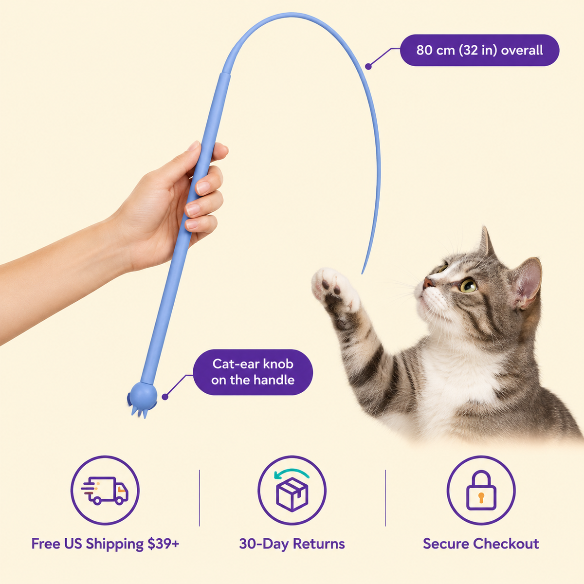 LitterBond Whippy Mouse Tail Wand - size and details