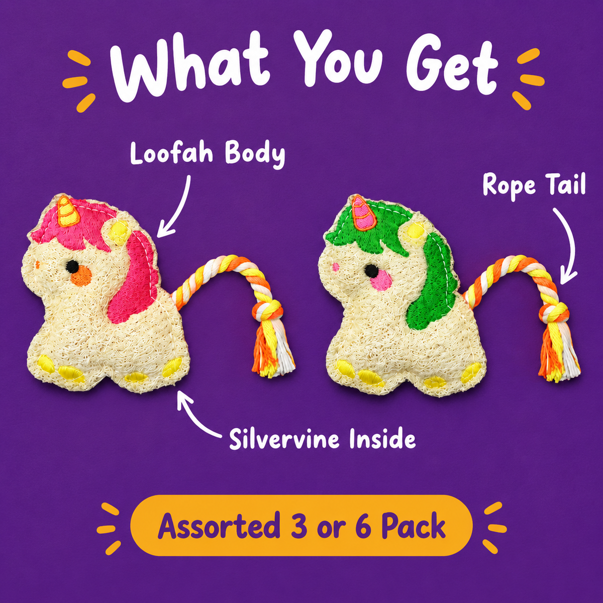 LitterBond Chubby Loofah Unicorns - what you get