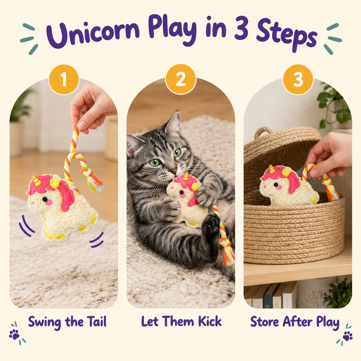 LitterBond Chubby Loofah Unicorns - how to use in 3 steps