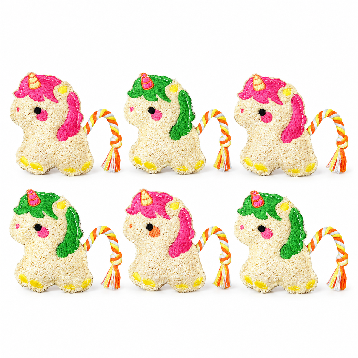 LitterBond Chubby Loofah Unicorns - 6-pack on white background