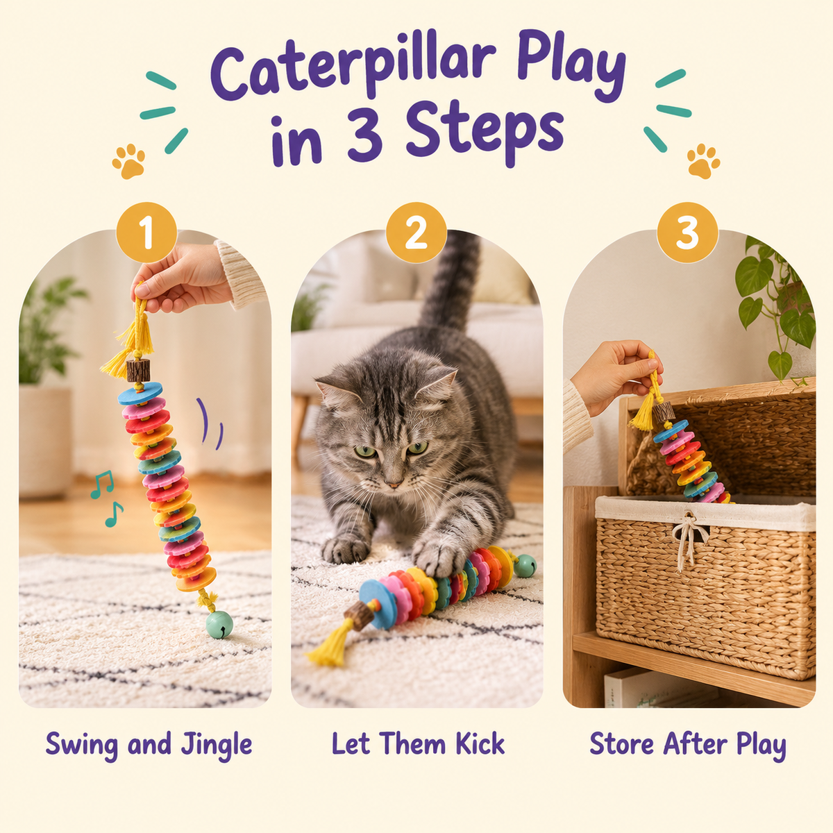LitterBond Felt Caterpillar Chew Ropes - how to use in 3 steps