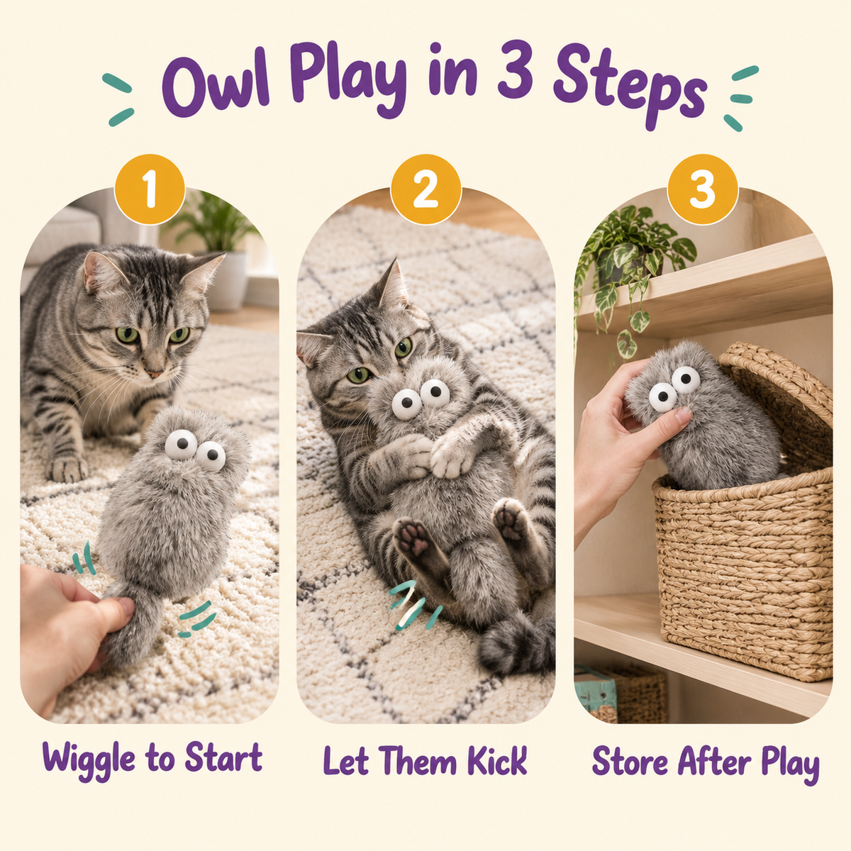 LitterBond Big-Eye Fuzzy Owl Kickers - how to use in 3 steps