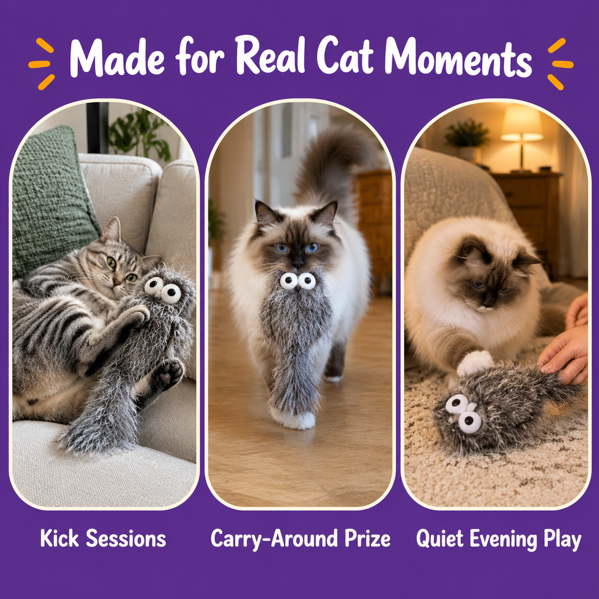 LitterBond Big-Eye Fuzzy Owl Kickers - real cat moments