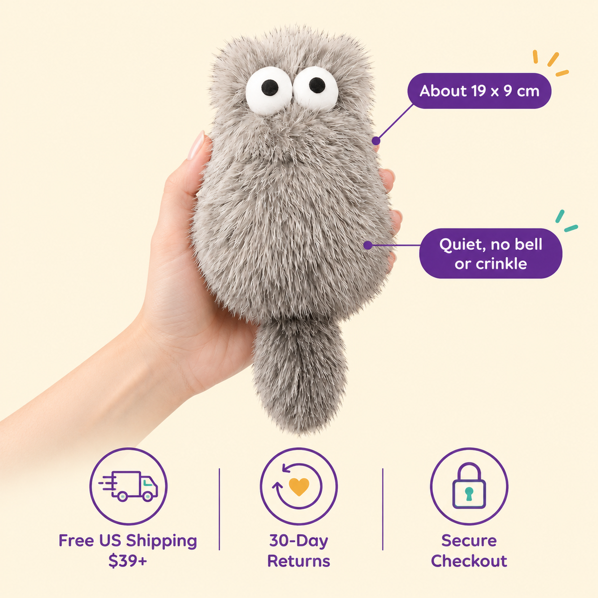 LitterBond Big-Eye Fuzzy Owl Kickers - size and details