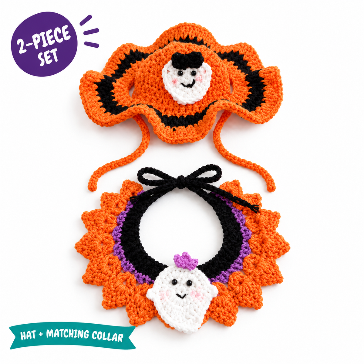 LitterBond Crochet Halloween Hat & Collar Set on a white background, Hat + matching collar