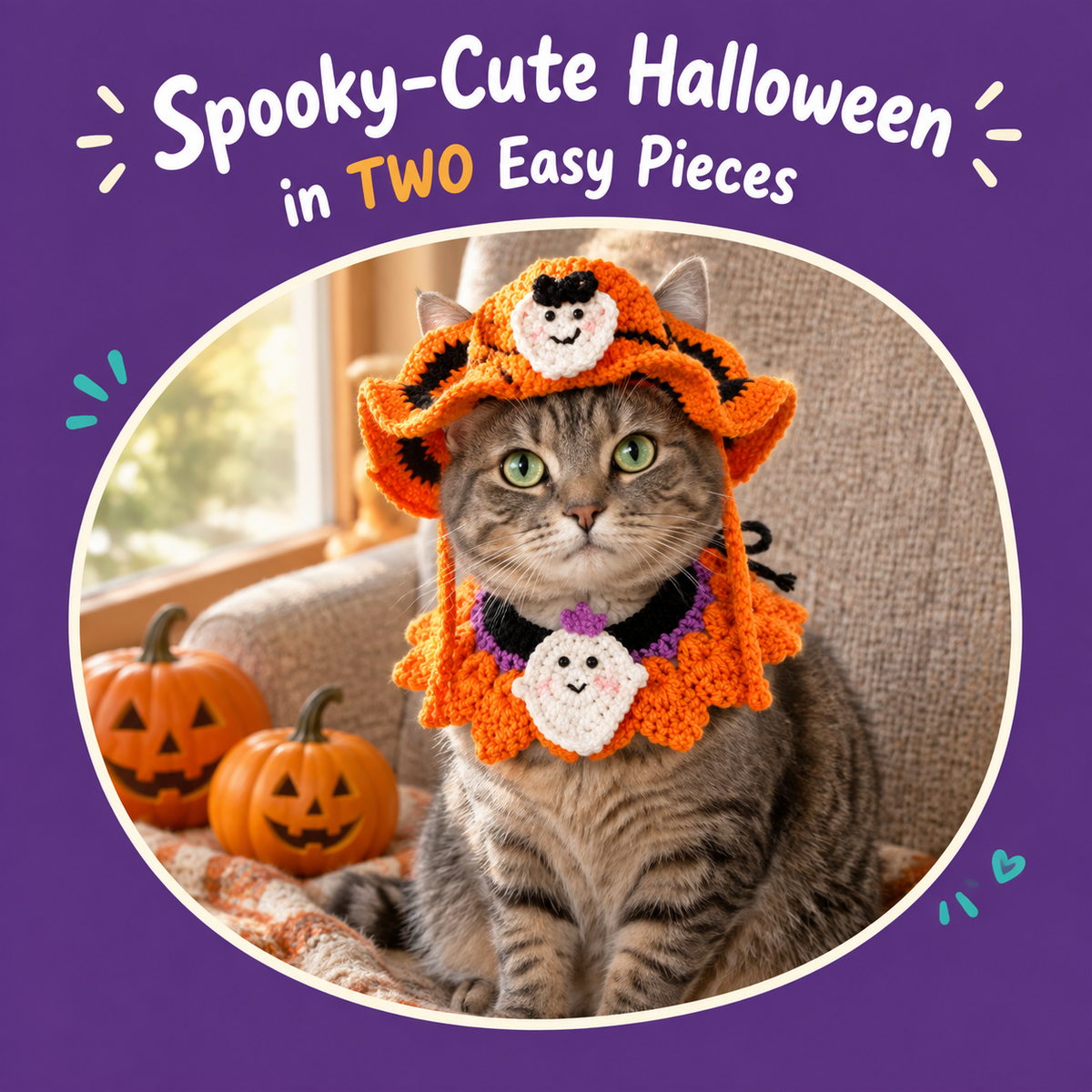 Cat wearing the LitterBond Crochet Halloween Hat & Collar Set: Spooky-Cute Halloween in TWO Easy Pieces