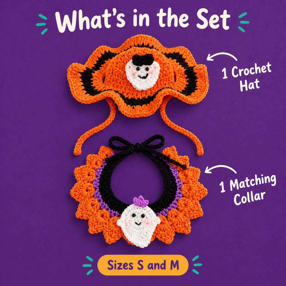 What's in the Set: LitterBond Crochet Halloween Hat & Collar Set, 1 Crochet Hat, 1 Matching Collar