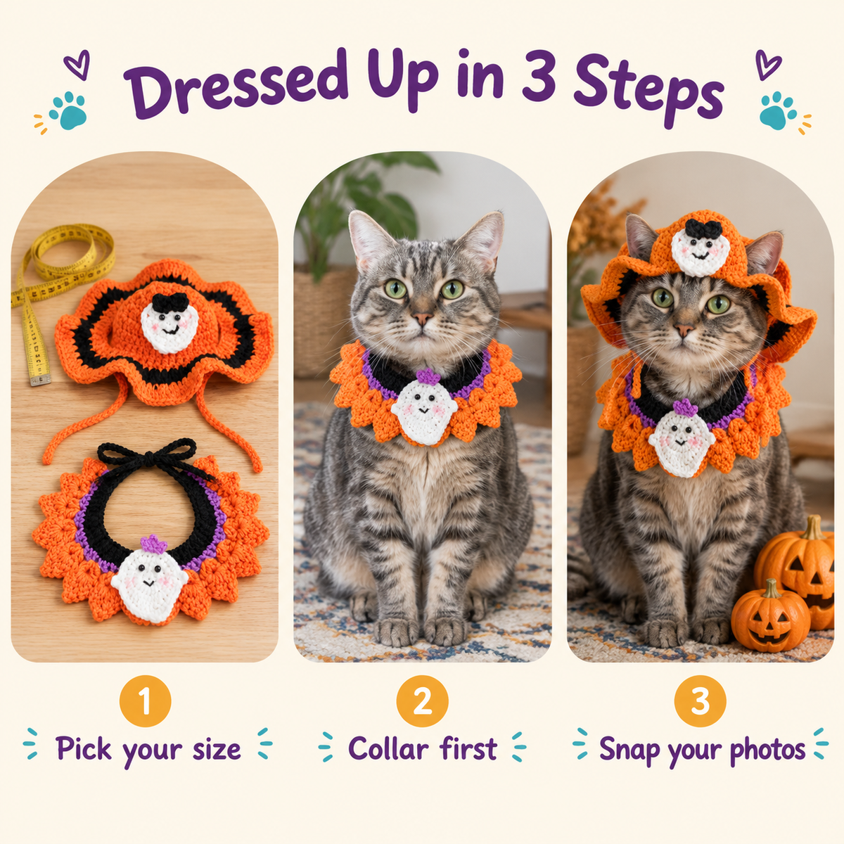How to put on the LitterBond Crochet Halloween Hat & Collar Set in 3 steps