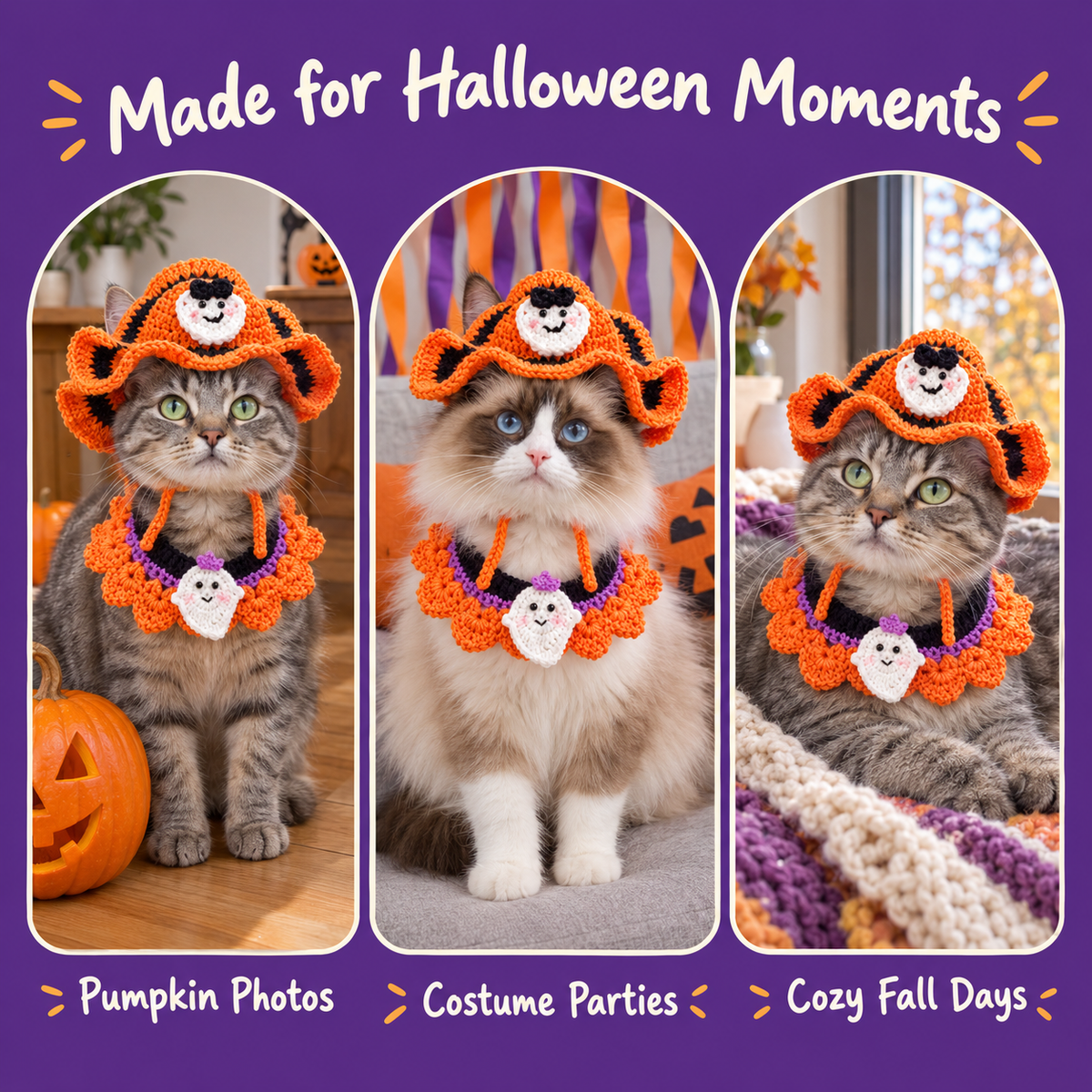 Cats wearing the LitterBond Crochet Halloween Hat & Collar Set for Halloween photos, parties and cozy fall days