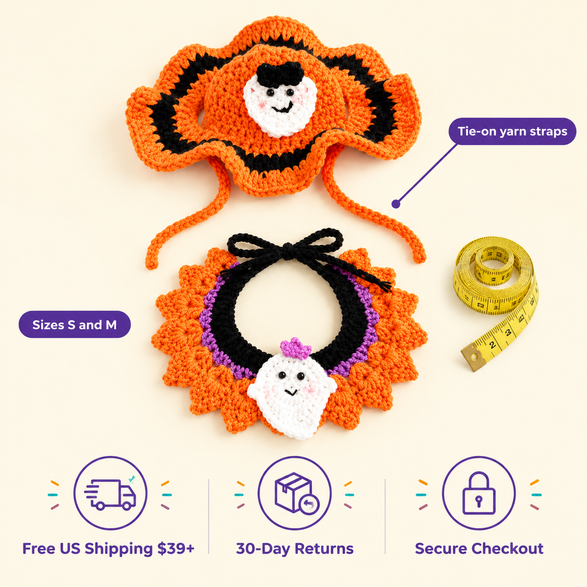 LitterBond Crochet Halloween Hat & Collar Set size guide: Tie-on yarn straps, Sizes S and M; free US shipping on $39+, 30-day returns