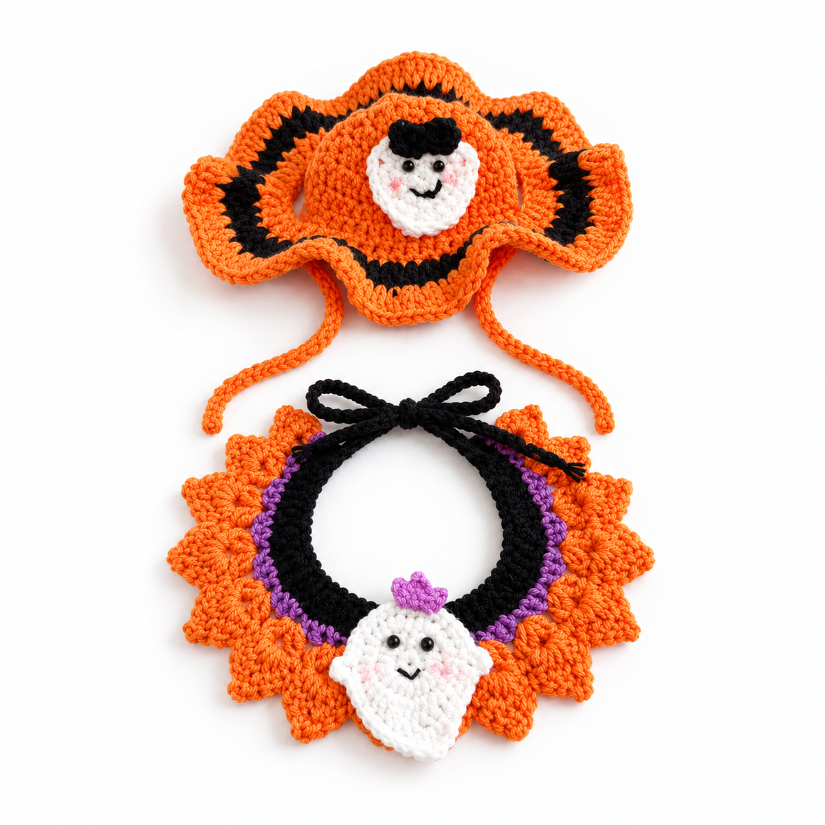 LitterBond Crochet Halloween Hat & Collar Set, Orange Ghost Set, on a white background