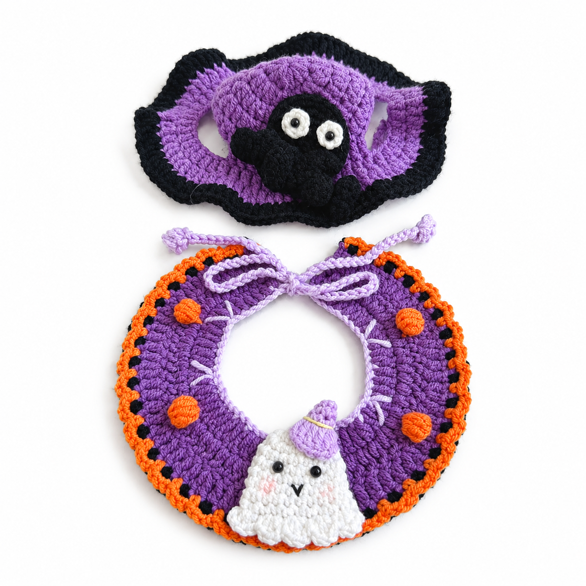 LitterBond Crochet Halloween Hat & Collar Set, Purple Spider Set, on a white background