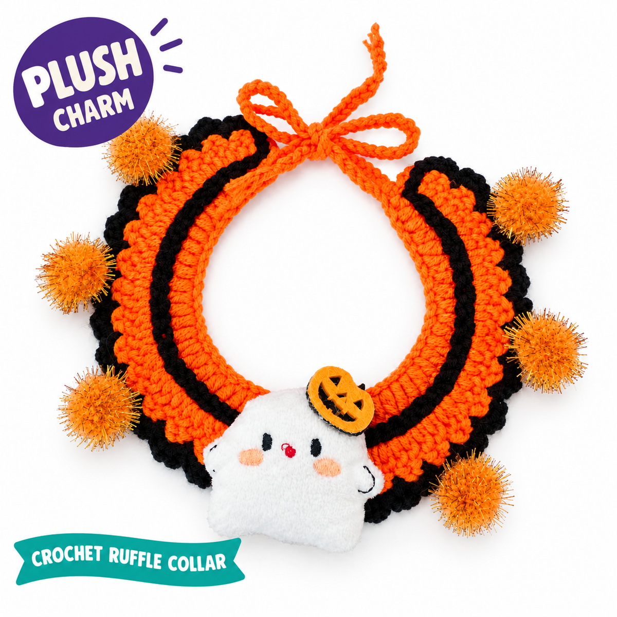 LitterBond Crochet Halloween Collar with Plush Charm on a white background, Crochet ruffle collar