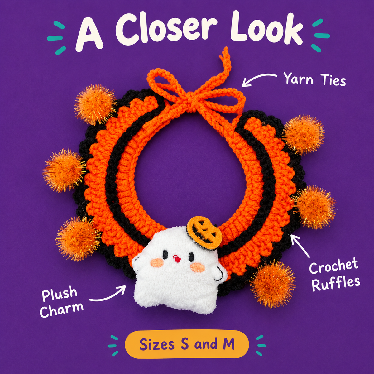 A Closer Look: LitterBond Crochet Halloween Collar with Plush Charm, Plush Charm, Crochet Ruffles, Yarn Ties