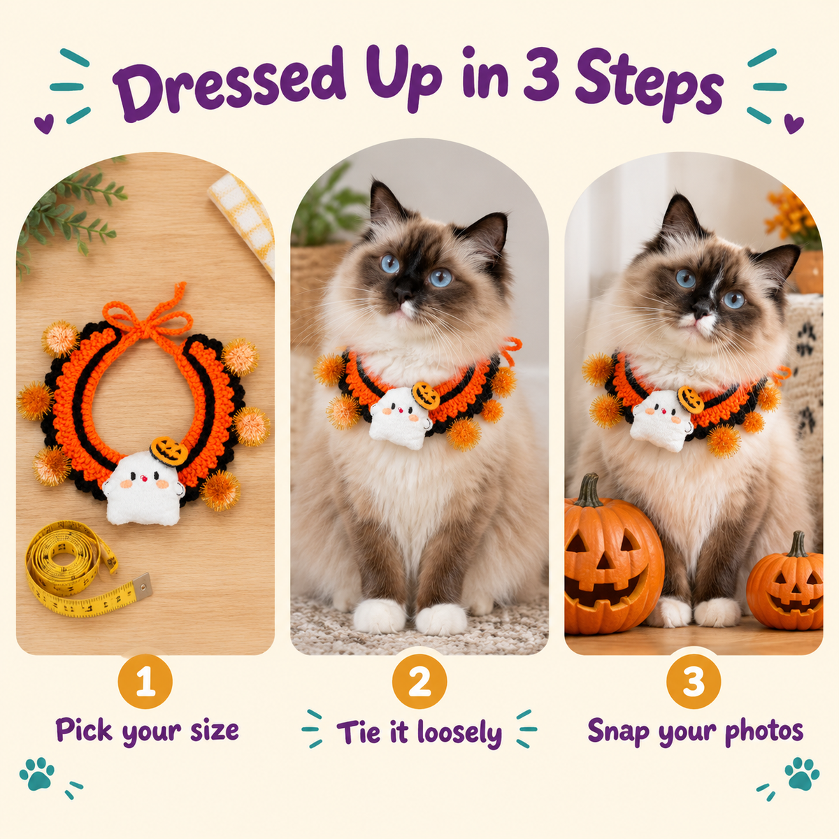 How to put on the LitterBond Crochet Halloween Collar with Plush Charm in 3 steps