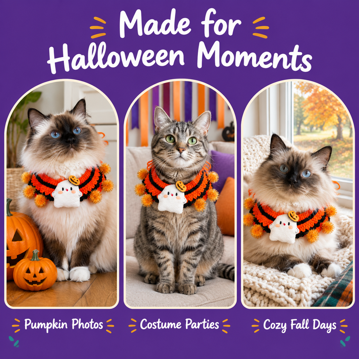 Cats wearing the LitterBond Crochet Halloween Collar with Plush Charm for Halloween photos, parties and cozy fall days