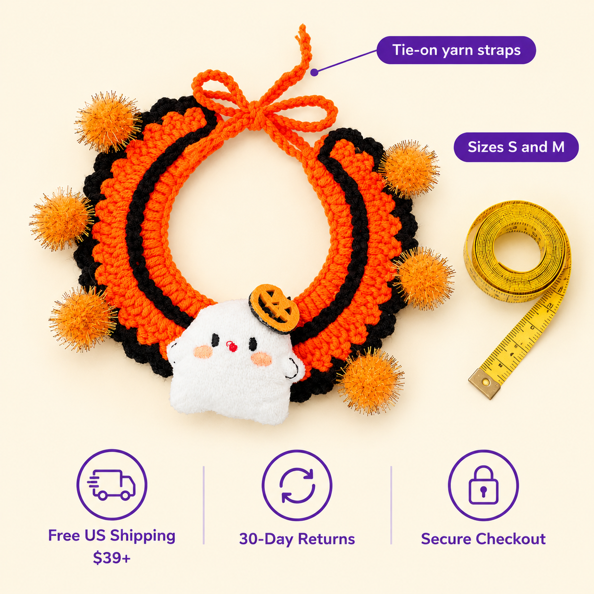 LitterBond Crochet Halloween Collar with Plush Charm size guide: Tie-on yarn straps, Sizes S and M; free US shipping on $39+, 30-day returns