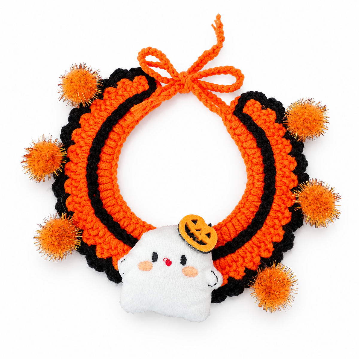 LitterBond Crochet Halloween Collar with Plush Charm, Orange Ghost, on a white background