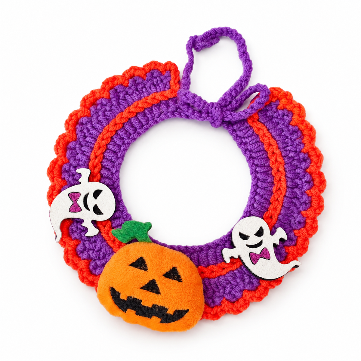 LitterBond Crochet Halloween Collar with Plush Charm, Purple Pumpkin, on a white background