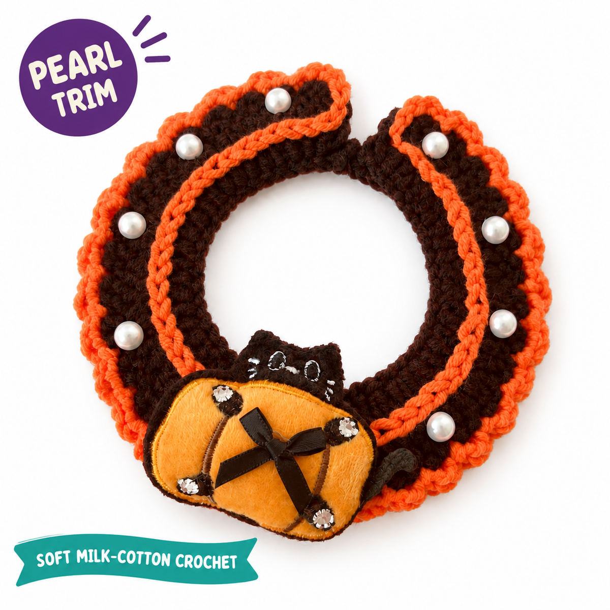 LitterBond Pearl-Trim Crochet Halloween Collar on a white background, Soft milk-cotton crochet