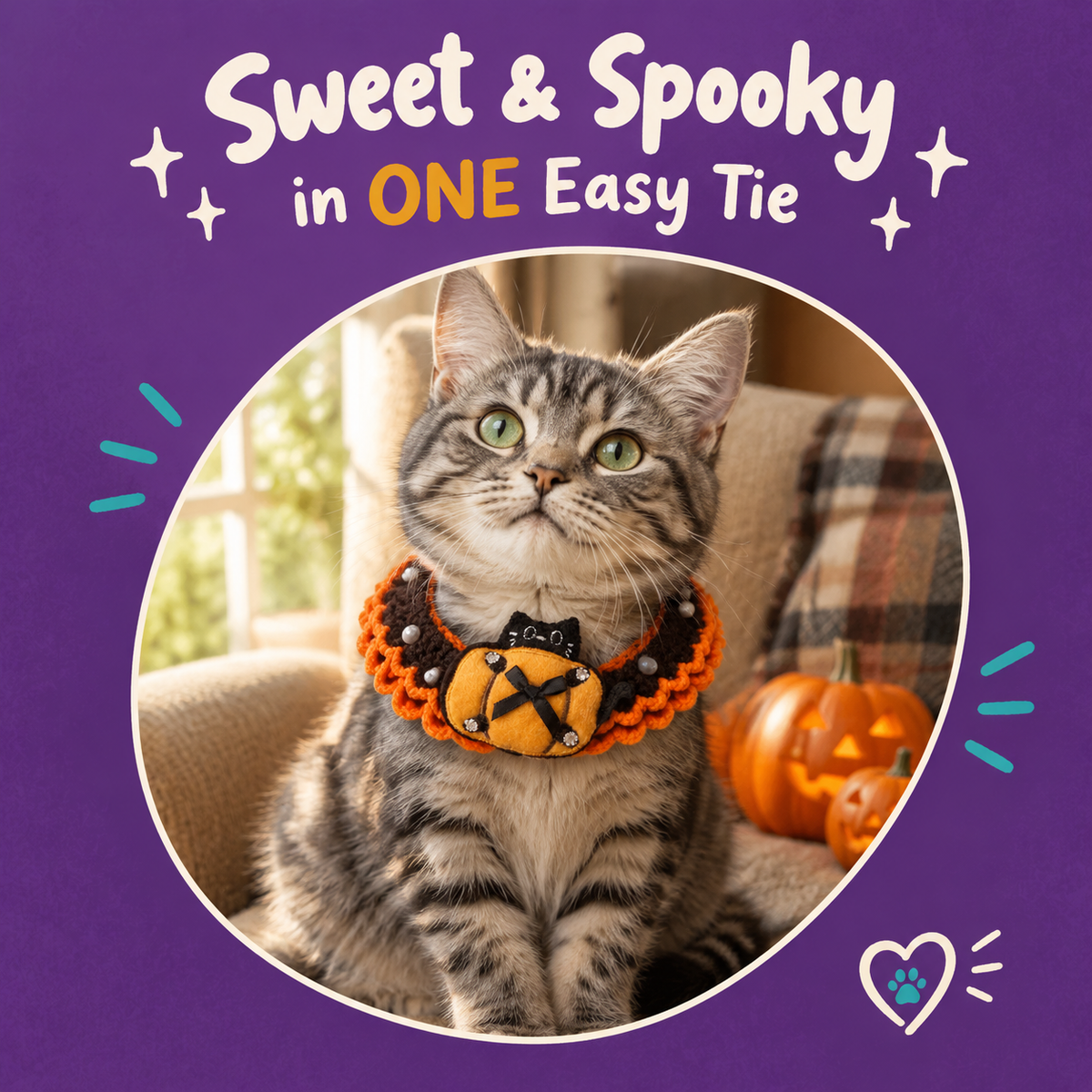 Cat wearing the LitterBond Pearl-Trim Crochet Halloween Collar: Sweet & Spooky in ONE Easy Tie