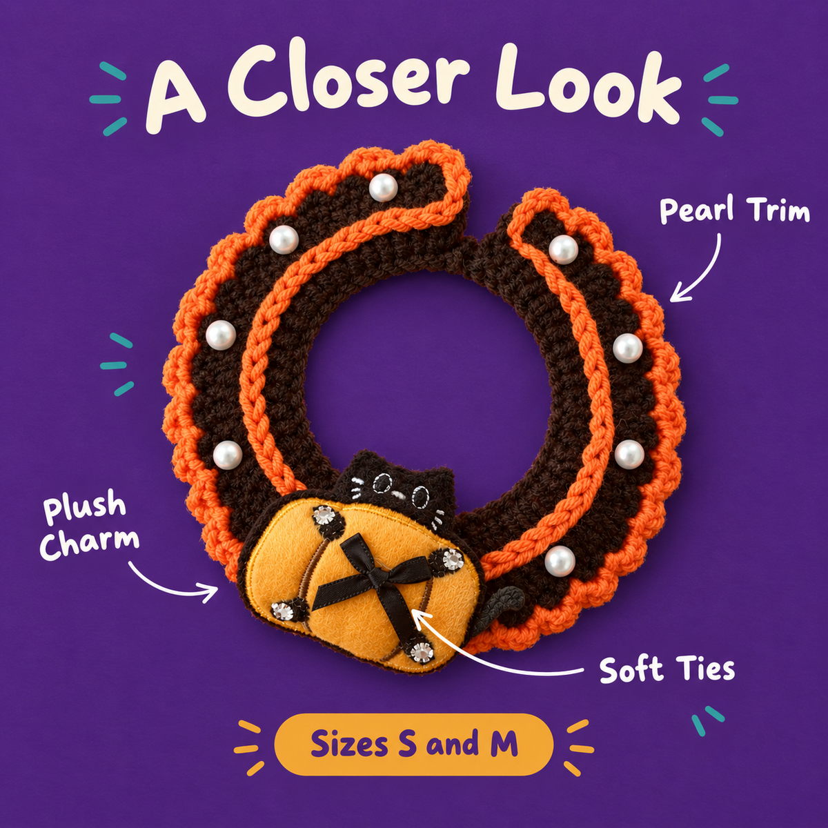 A Closer Look: LitterBond Pearl-Trim Crochet Halloween Collar, Plush Charm, Pearl Trim, Soft Ties