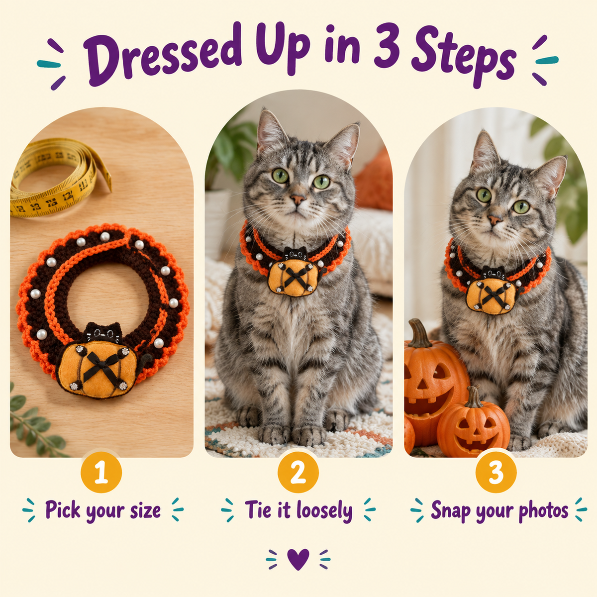 How to put on the LitterBond Pearl-Trim Crochet Halloween Collar in 3 steps