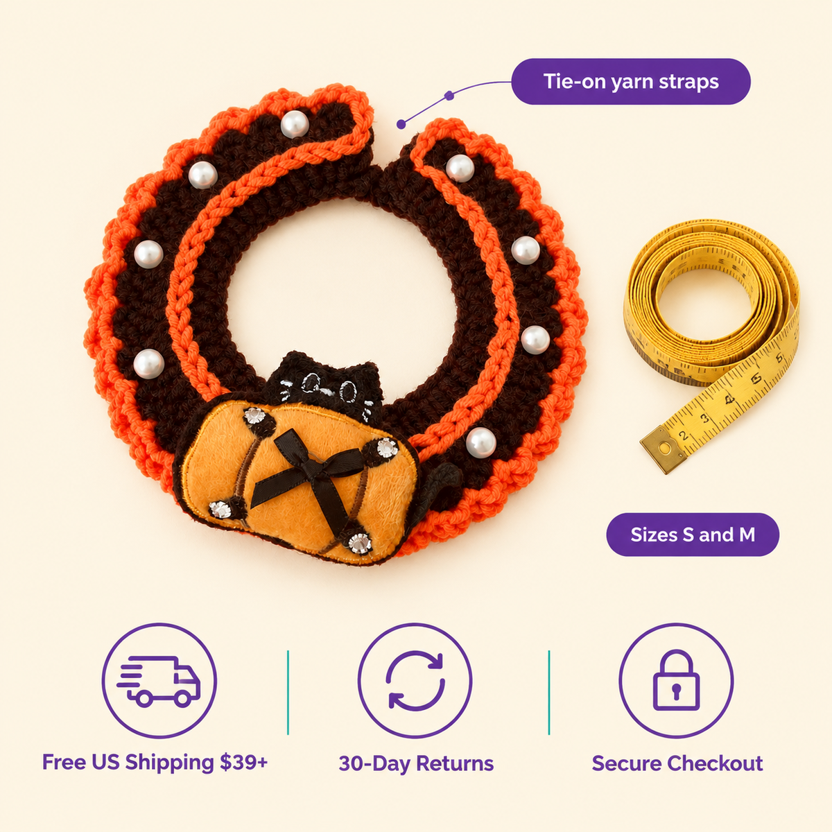 LitterBond Pearl-Trim Crochet Halloween Collar size guide: Tie-on yarn straps, Sizes S and M; free US shipping on $39+, 30-day returns