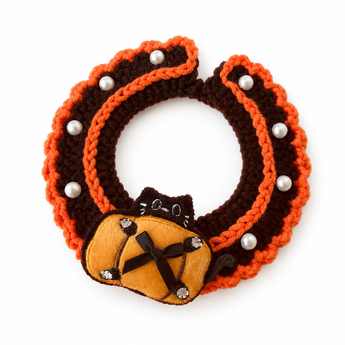 LitterBond Pearl-Trim Crochet Halloween Collar, Pumpkin Kitty, on a white background