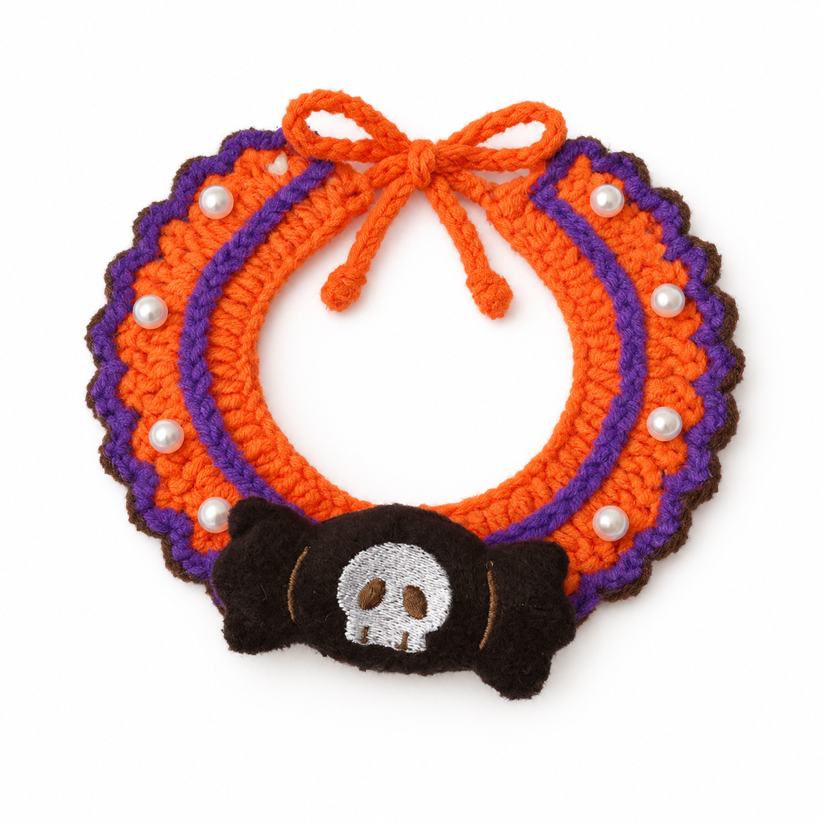 LitterBond Pearl-Trim Crochet Halloween Collar, Candy Skull, on a white background