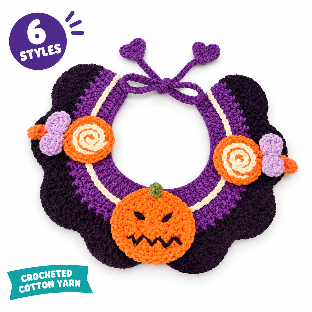 LitterBond Crochet Halloween Bib Collar on a white background, Crocheted cotton yarn