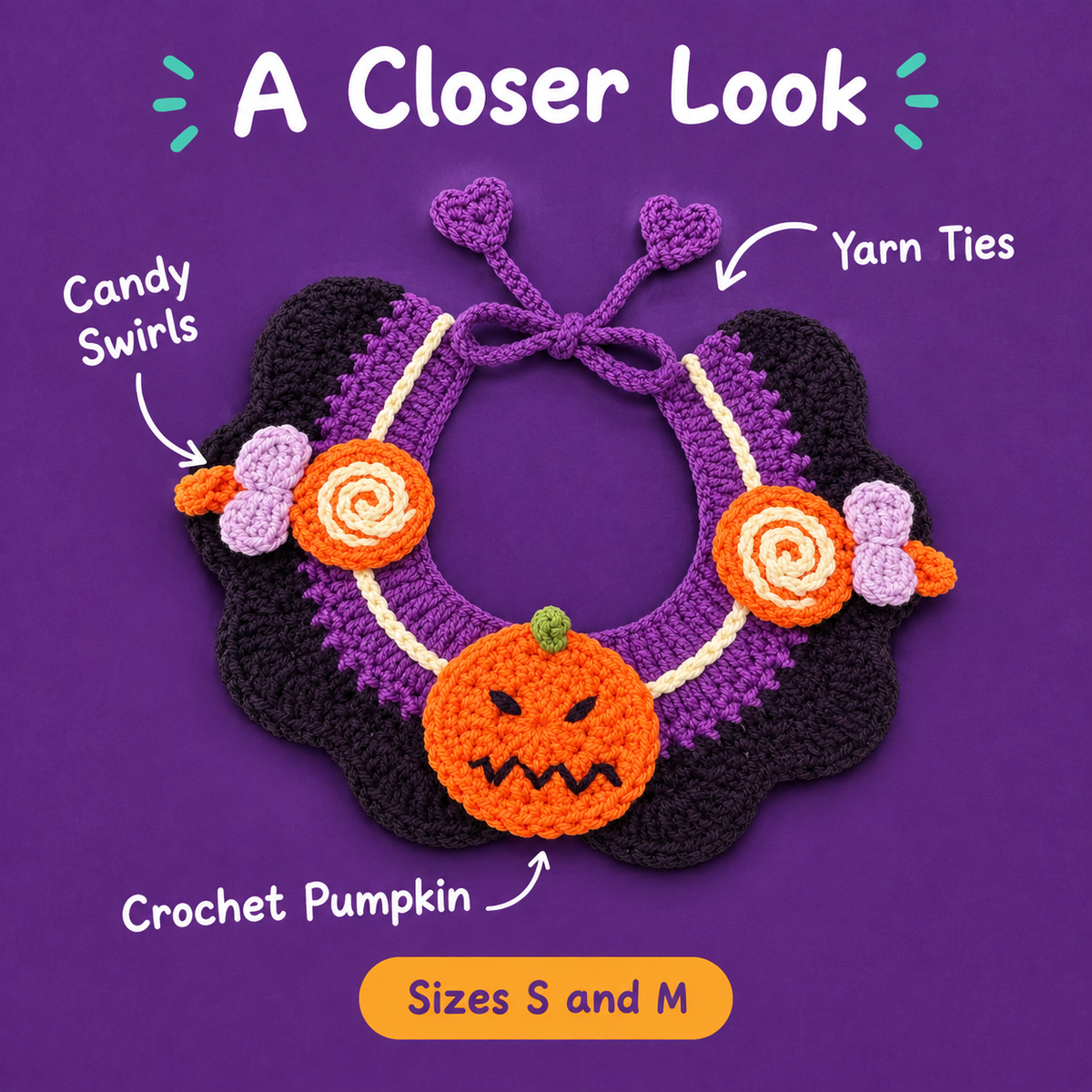 A Closer Look: LitterBond Crochet Halloween Bib Collar, Crochet Pumpkin, Candy Swirls, Yarn Ties