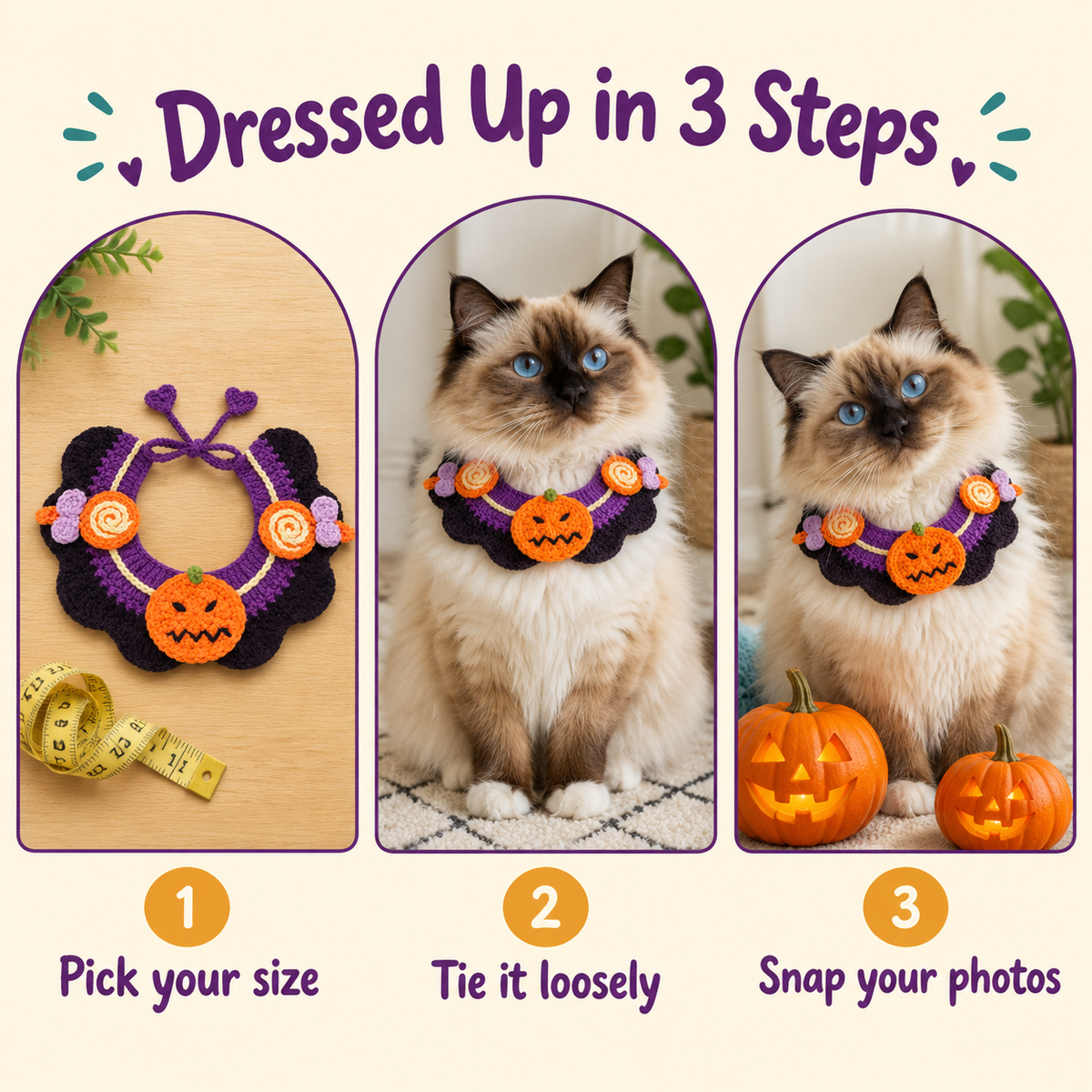 How to put on the LitterBond Crochet Halloween Bib Collar in 3 steps