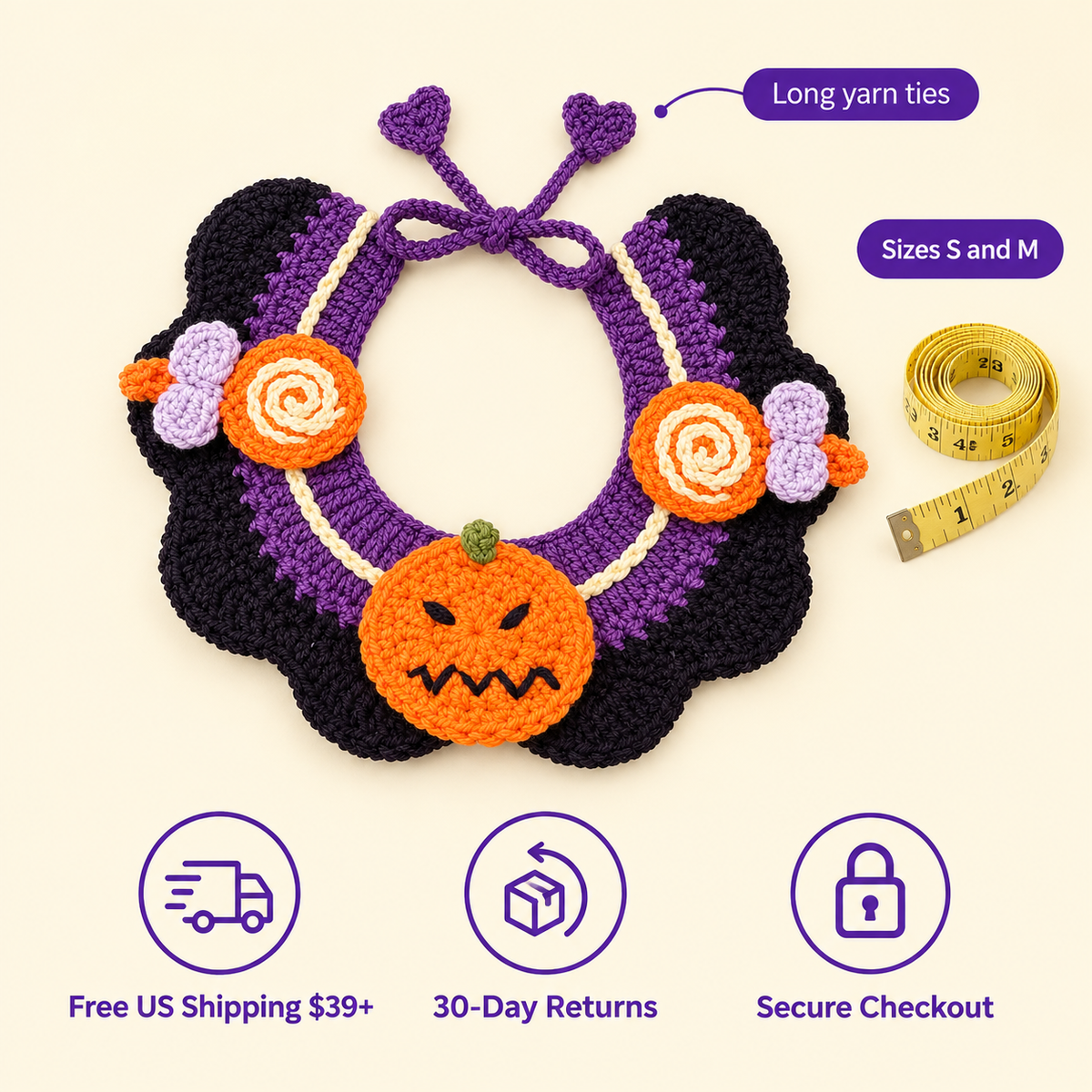 LitterBond Crochet Halloween Bib Collar size guide: Long yarn ties, Sizes S and M; free US shipping on $39+, 30-day returns