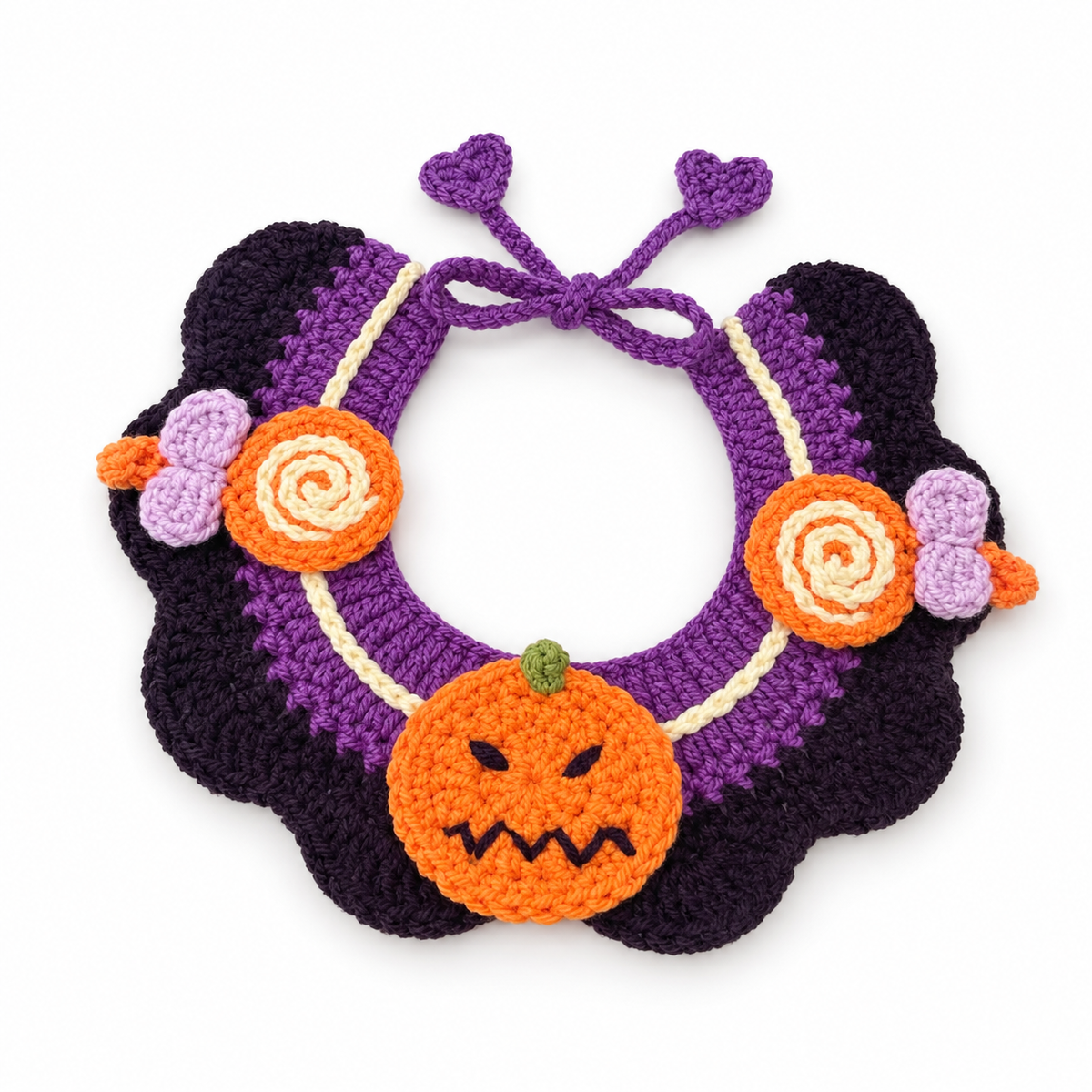 LitterBond Crochet Halloween Bib Collar, Pumpkin & Candy, on a white background