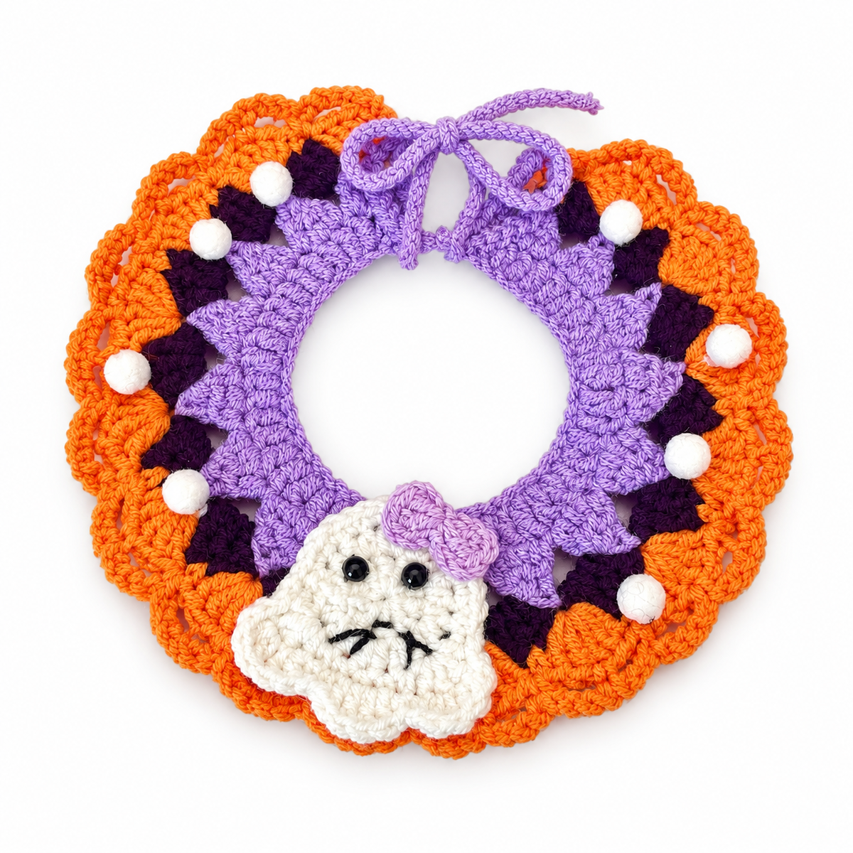 LitterBond Crochet Halloween Bib Collar, Little Ghost, on a white background