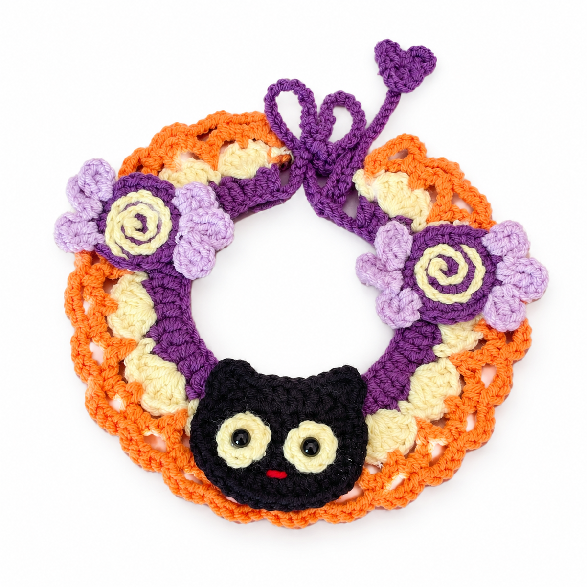 LitterBond Crochet Halloween Bib Collar, Black Kitty & Candy, on a white background