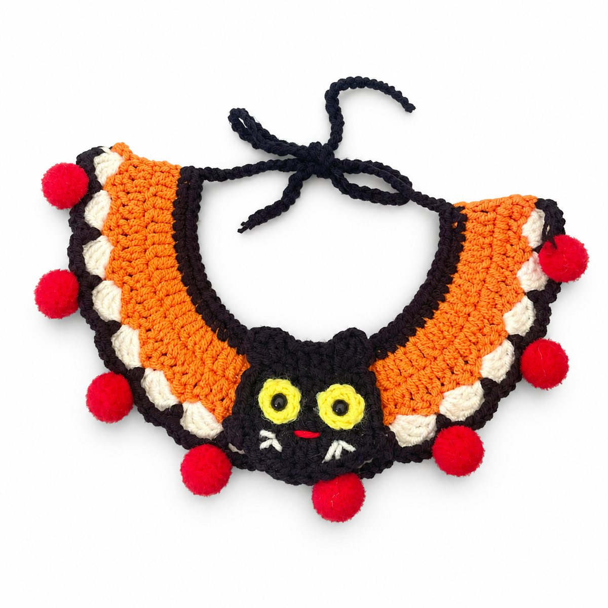 LitterBond Crochet Halloween Bib Collar, Black Kitty & Red Poms, on a white background