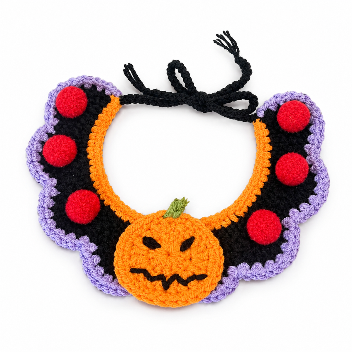 LitterBond Crochet Halloween Bib Collar, Pumpkin & Red Poms, on a white background