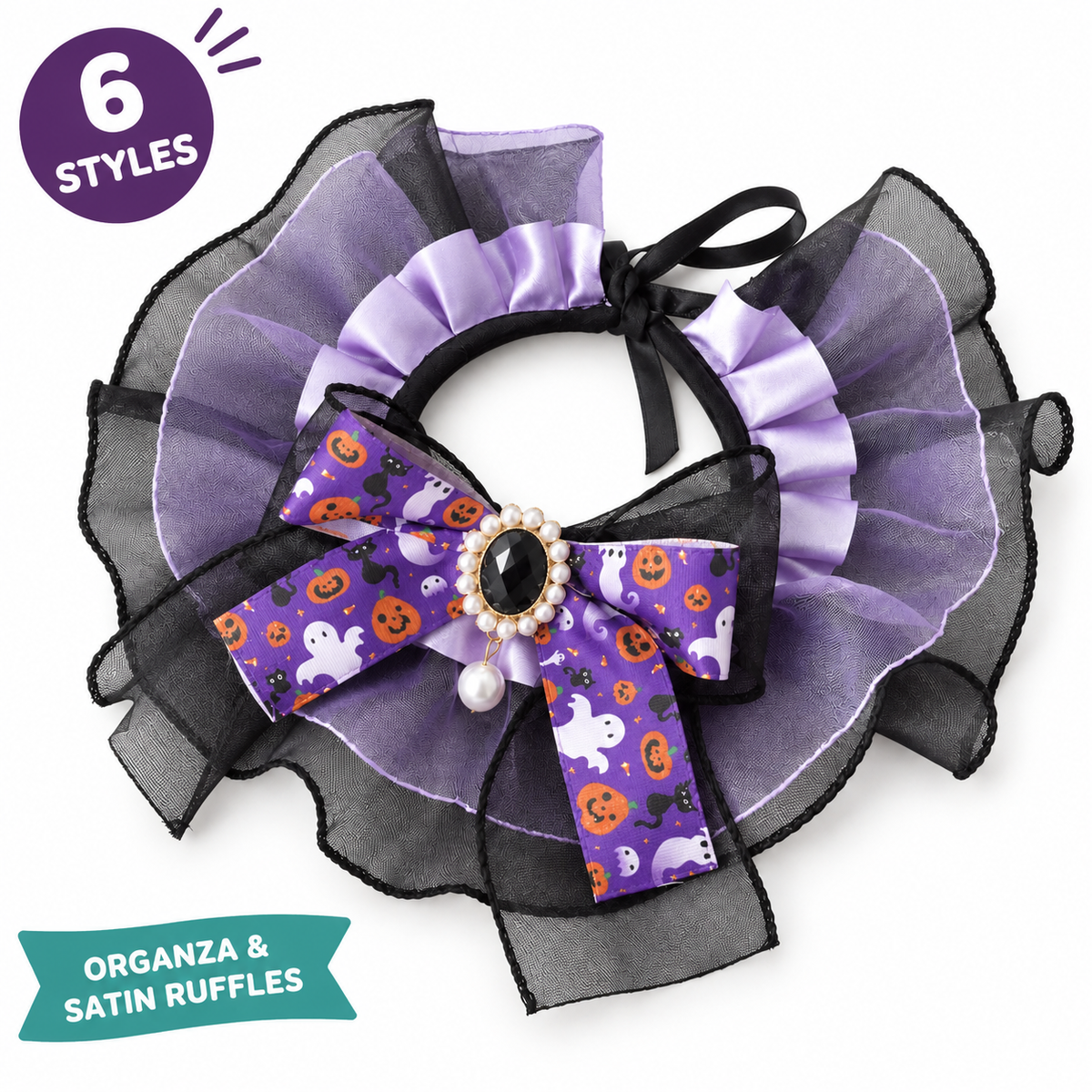 LitterBond Organza & Satin Halloween Bow Collar on a white background, Organza & satin ruffles