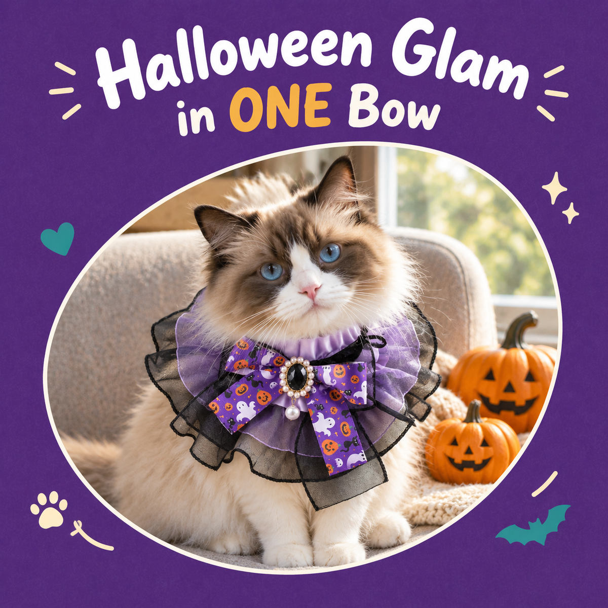 Cat wearing the LitterBond Organza & Satin Halloween Bow Collar: Halloween Glam in ONE Bow