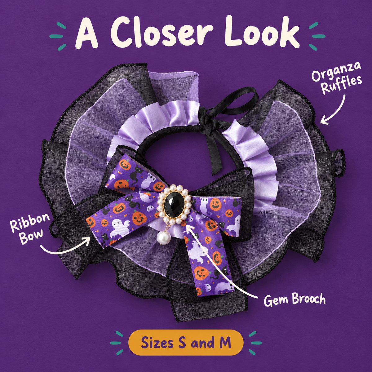 A Closer Look: LitterBond Organza & Satin Halloween Bow Collar, Ribbon Bow, Gem Brooch, Organza Ruffles