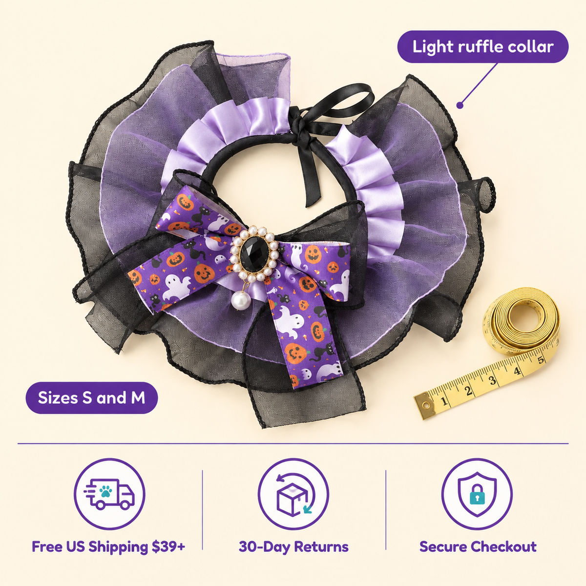 LitterBond Organza & Satin Halloween Bow Collar size guide: Light ruffle collar, Sizes S and M; free US shipping on $39+, 30-day returns