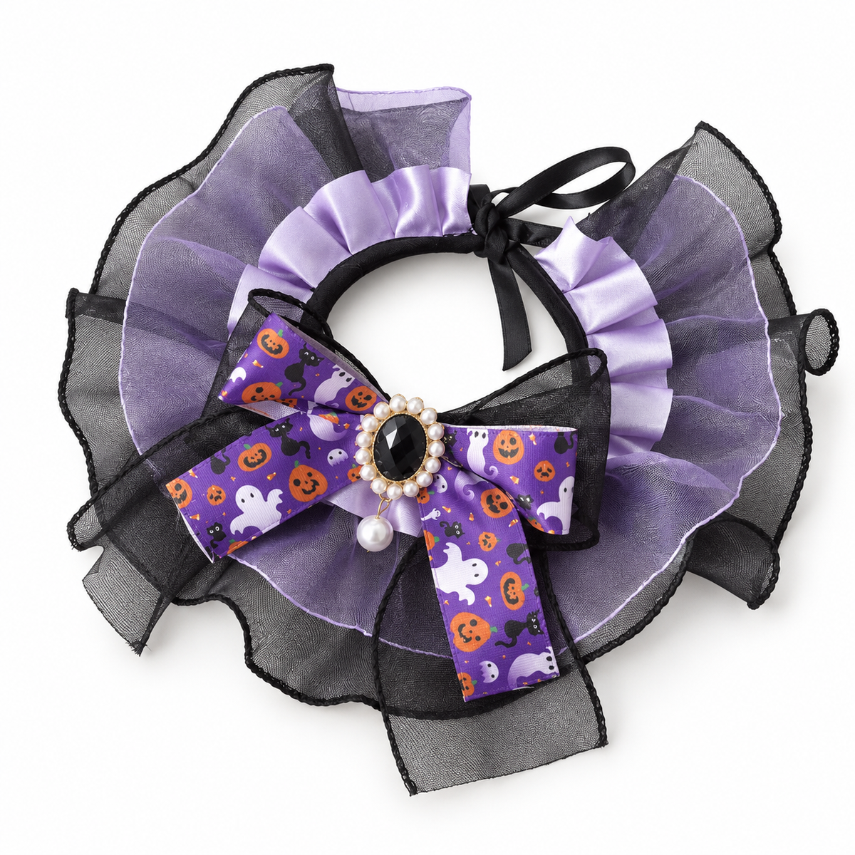 LitterBond Organza & Satin Halloween Bow Collar, Purple Organza, on a white background
