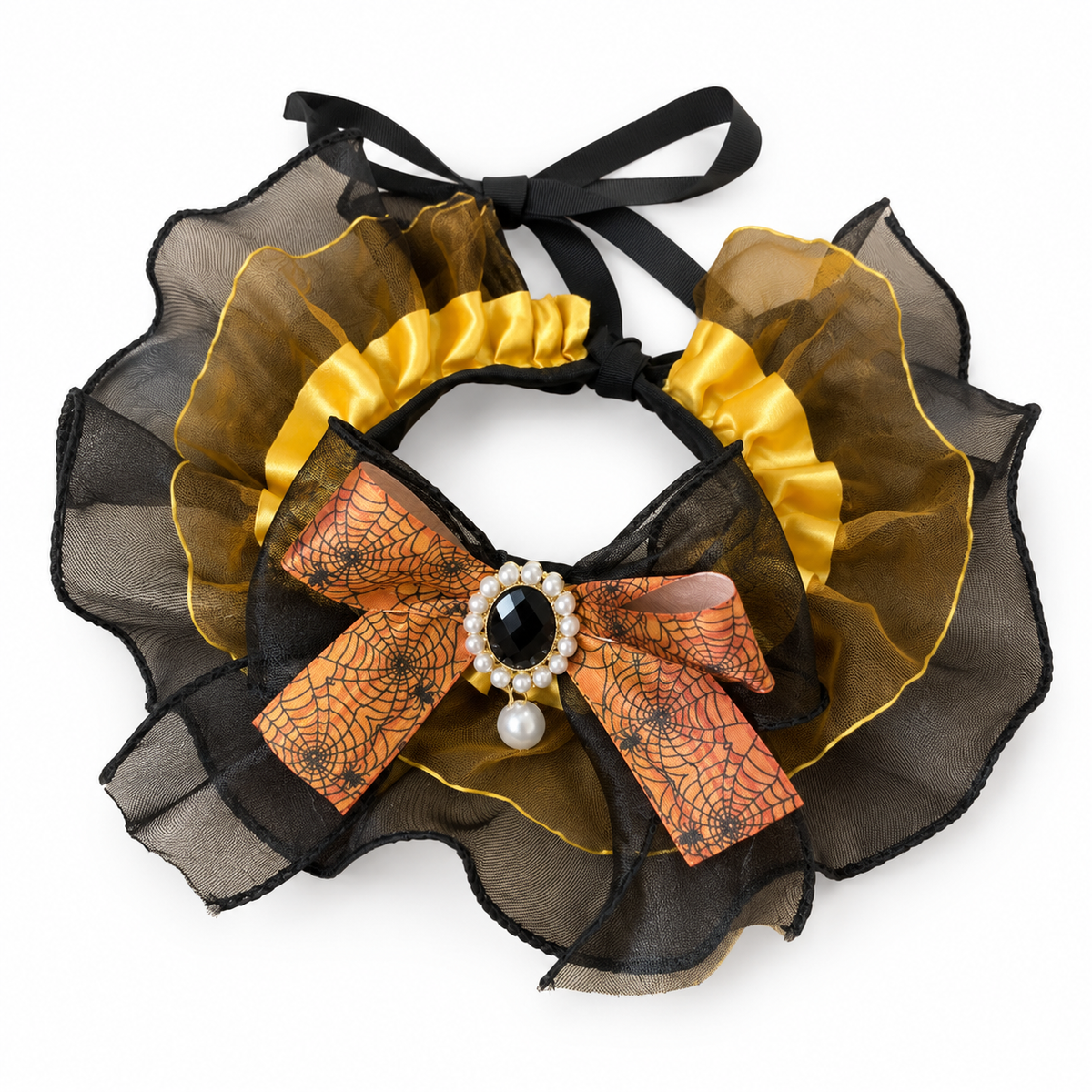 LitterBond Organza & Satin Halloween Bow Collar, Black & Gold Organza, on a white background