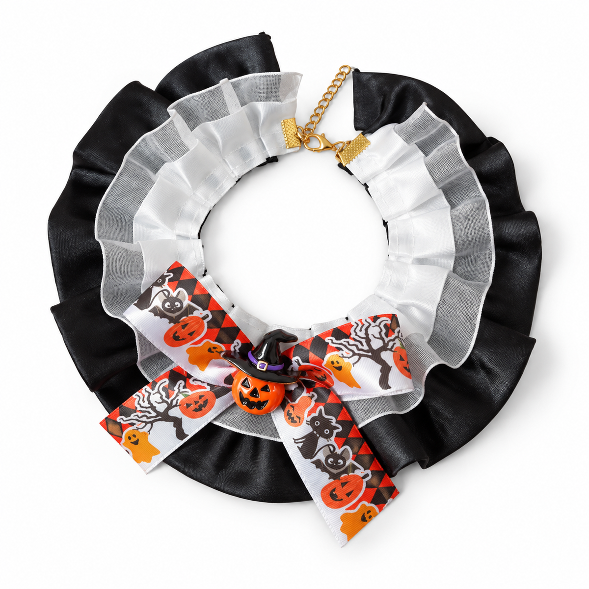 LitterBond Organza & Satin Halloween Bow Collar, Black & White Satin, on a white background