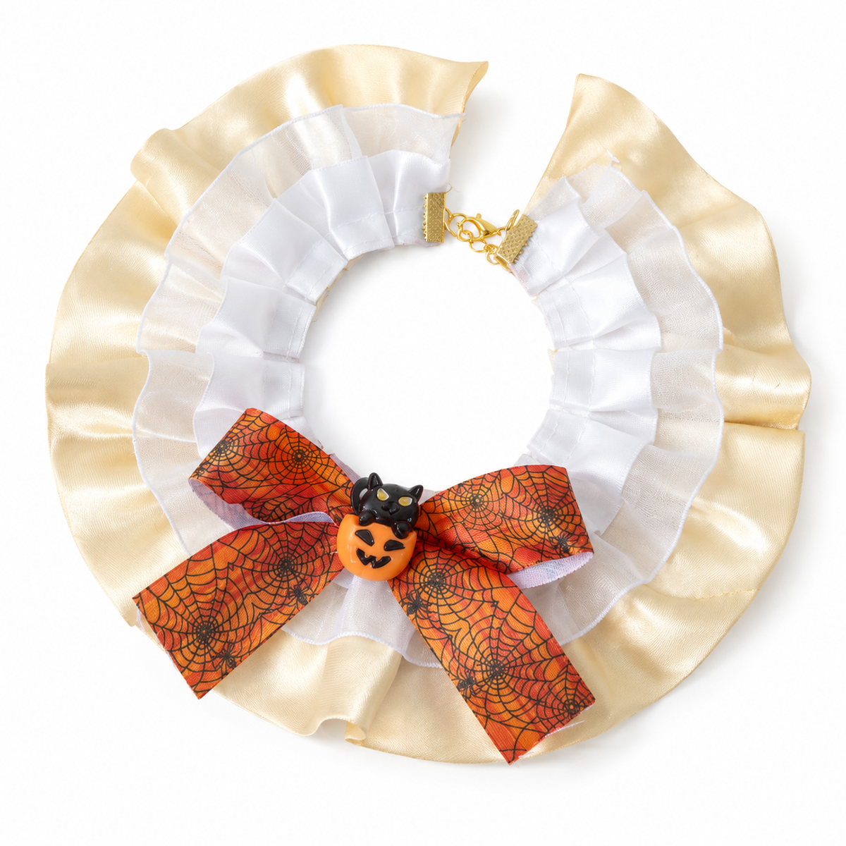 LitterBond Organza & Satin Halloween Bow Collar, Cream Satin Spiderweb, on a white background