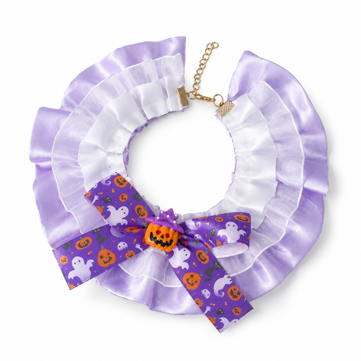 LitterBond Organza & Satin Halloween Bow Collar, Lavender Satin, on a white background