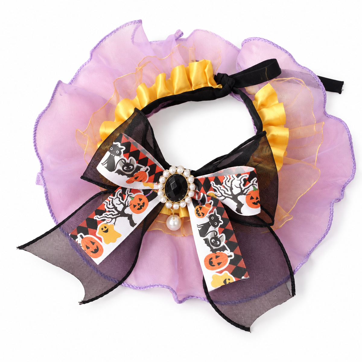 LitterBond Organza & Satin Halloween Bow Collar, Pink & Gold Organza, on a white background