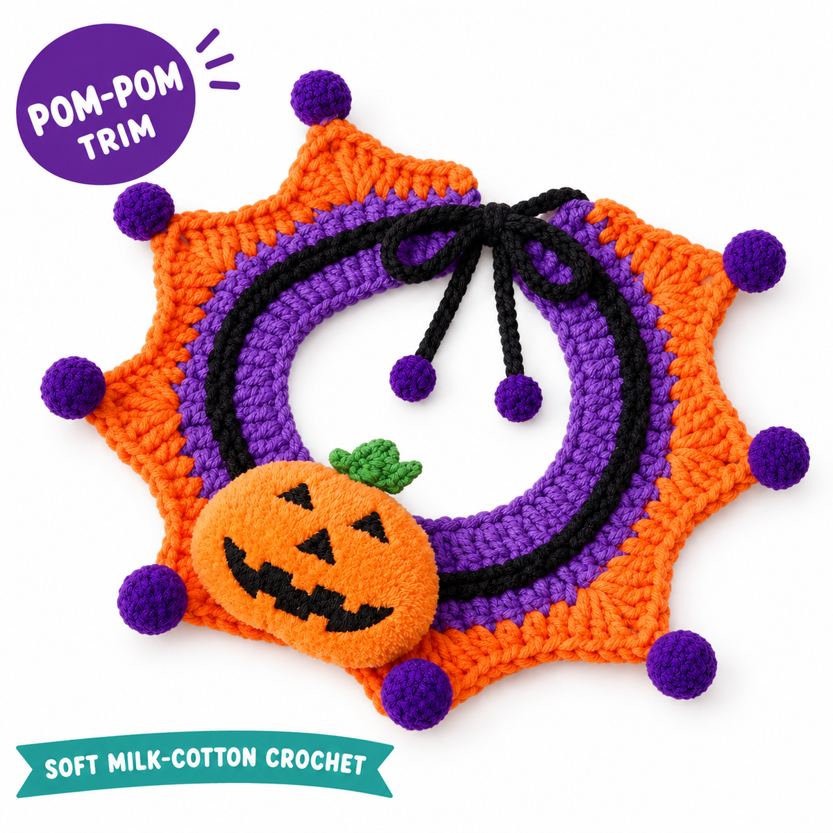 LitterBond Pom-Pom Crochet Halloween Collar on a white background, Soft milk-cotton crochet
